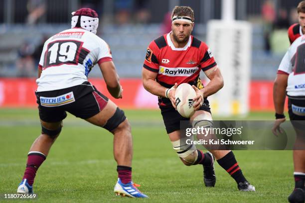 Luke Whitelock of Canterbury charges forward during the round 10 Mitre 10 Cup match between Canterbury and North Harbour at Orangetheory Stadium on...