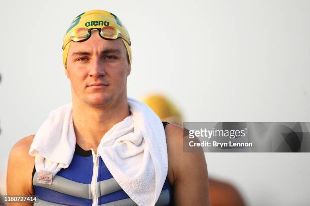 Bailey Armstrong of Australia makes his way to the start of the ANOC World Beach Games Men's 5km Open Water Swim at Katara Beach on October 13 2019...