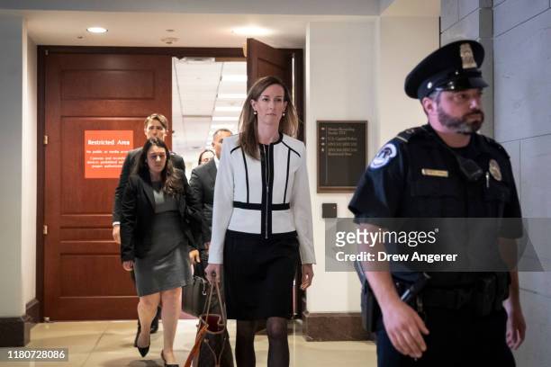 Jennifer Williams, an aide to Vice President Mike Pence, exits a deposition with the House Intelligence, Foreign Affairs and Oversight committees at...
