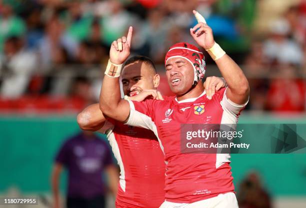 Siale Piutau of Tonga celebrates after scoring his team's third try during the Rugby World Cup 2019 Group C game between USA and Tonga at Hanazono...