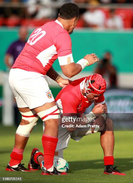 Siale Piutau of Tonga celebrates after scoring his team's third try during the Rugby World Cup 2019 Group C game between USA and Tonga at Hanazono...
