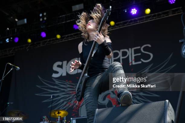 Bassist Emma Anzai of Sick Puppies performs at 2019 Aftershock Festival at Discovery Park on October 12, 2019 in Sacramento, California.