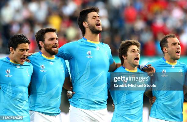 Juan Manuel Cat, Santiago Civetta, Manuel Leindekar, Santiago Arata and Gaston Mieres of Uruguay sing the national anthem prior to the Rugby World...