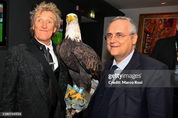 Rod Stewart poses with the Lazio eagle and SS Lazio President Claudio Lotito during the UEFA Europa League group E match between Lazio Roma and...