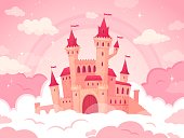 Cartoon castle in pink clouds. Magic land, fairytale cloud and fabulous sky. Fairy castle for little princess vector illustration