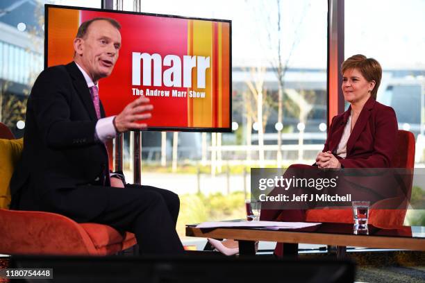 First Minister of Scotland Nicola Sturgeon, appears on the Andrew Marr show on October 13, 2019 in Aberdeen, Scotland. Speaking ahead of the SNP’s...