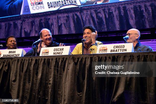 Leslie David Baker, Brian Baumgartner, Oscar Nunez and Creed Bratton speak onstage at "The Office" Reunion panel at 2019 Los Angeles Comic-Con at Los...