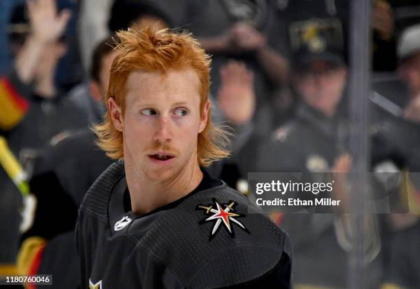 Cody Eakin of the Vegas Golden Knights warms up before a game against the Calgary Flames at T-Mobile Arena on October 12, 2019 in Las Vegas, Nevada....