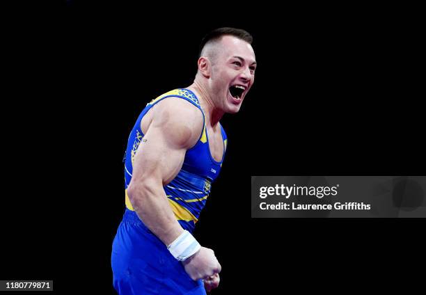 Igot Radivilov of Ukraine celebrates after he competes in Men's Vault Final during day 10 of the 49th FIG Artistic Gymnastics World Championships at...