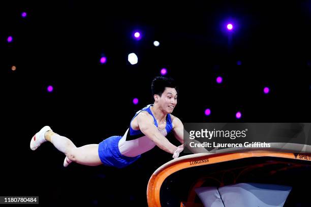 Wai Hung Shek of Hong Kong competes in Men's Vault Final during day 10 of the 49th FIG Artistic Gymnastics World Championships at...