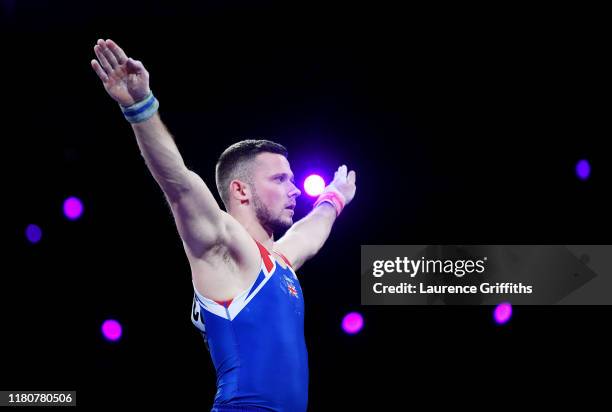 Dominick Cunningham of Great Britain after he competes in Men's Vault Final during day 10 of the 49th FIG Artistic Gymnastics World Championships at...