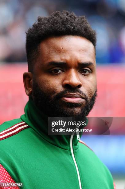 Former professional footballer Darren Bent looks on pitch-side prior to the NFL match between the Carolina Panthers and Tampa Bay Buccaneers at...