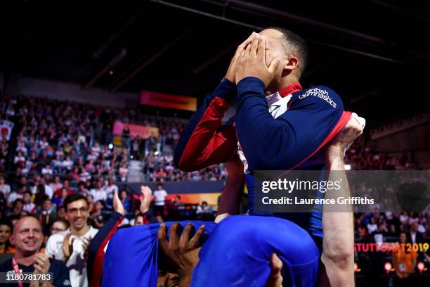 Joe Fraser of Great Britain celebrates winning gold in Men's Parallel Bars Final during day 10 of the 49th FIG Artistic Gymnastics World...