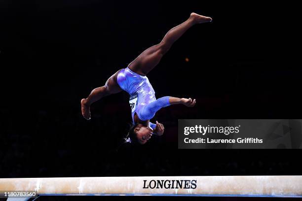 Simone Biles of The United States competes in Women's Balance beam Final during day 10 of the 49th FIG Artistic Gymnastics World Championships at...