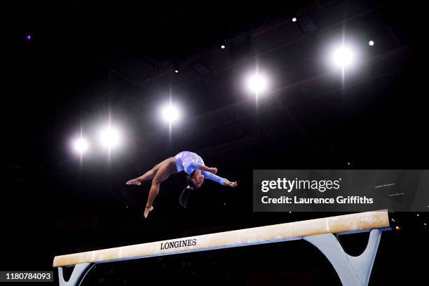 Simone Biles of The United States competes in Women's Balance beam Final during day 10 of the 49th FIG Artistic Gymnastics World Championships at...