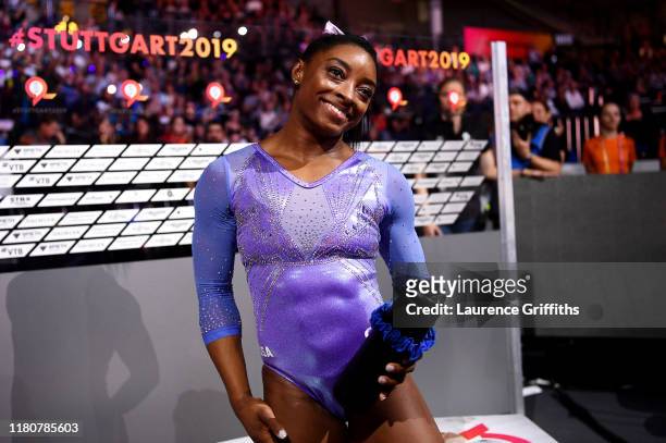 Simone Biles of The United States celebrates winning gold in Women's Floor Final during day 10 of the 49th FIG Artistic Gymnastics World...