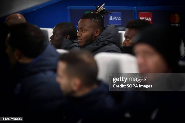 Michy Batshuayi of Chelsea seen on the substitutes bench during the UEFA Champions League group H match between Chelsea FC and AFC Ajax at Stamford...