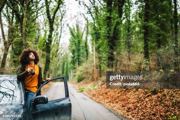 vrouw in het bos tijdens warme kleur vallen - backpacker road stockfoto's en -beelden