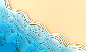 Abstract paper art sea or ocean water waves and beach. Summer background with seacoast. Paper sea waves with lines and bubbles. Paper cut style 3d render
