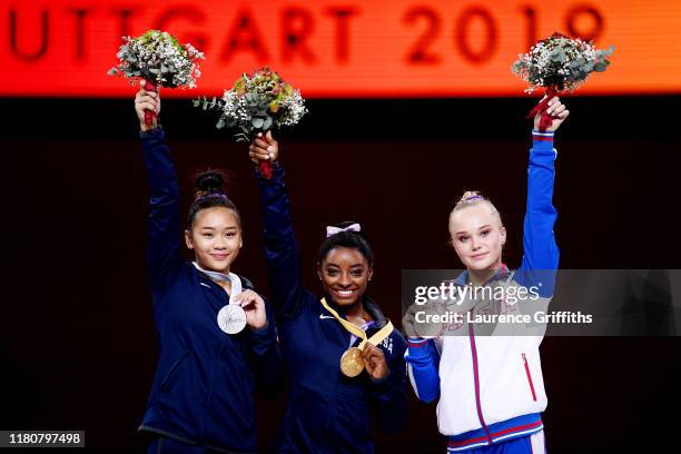Silver medalist, Sunisa Lee of The United States, gold medalist Simone Biles of The United States and bronze medalist Angelina Melnikova of Russia...