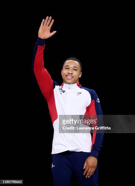 Gold medalist, Joe Fraser of Great Britain on the podium following Men's Parallel Bars Final day 10 of the 49th FIG Artistic Gymnastics World...