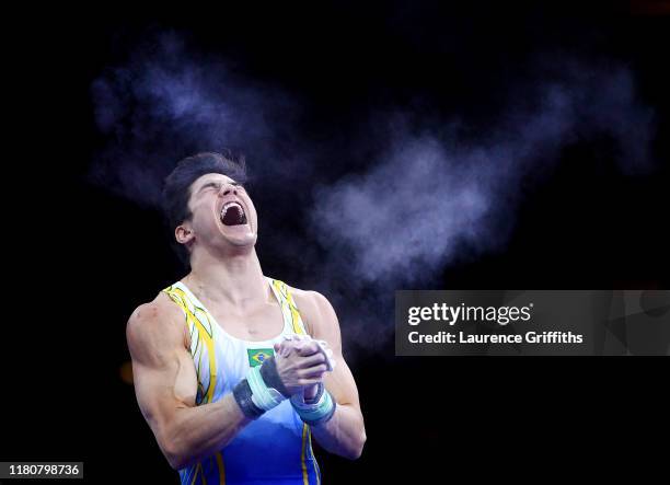 Artur Mariano of Brazil celebrates after he competes in Men's Horizontal Bar Final during day 10 of the 49th FIG Artistic Gymnastics World...