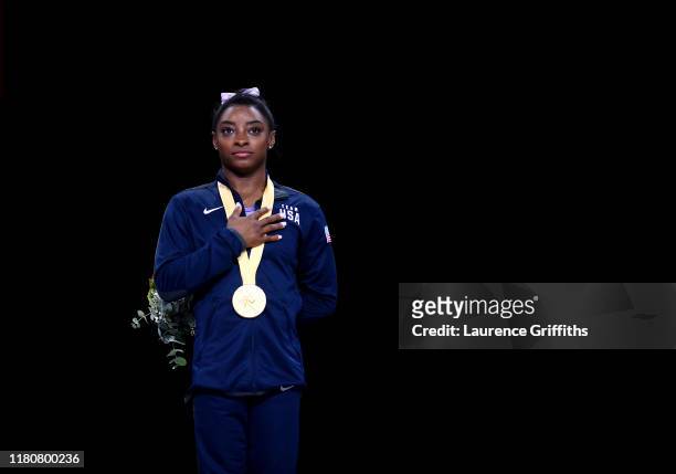 Gold medalist Simone Biles of The United States on the podium following the Women's Floor Final during day 10 of the 49th FIG Artistic Gymnastics...