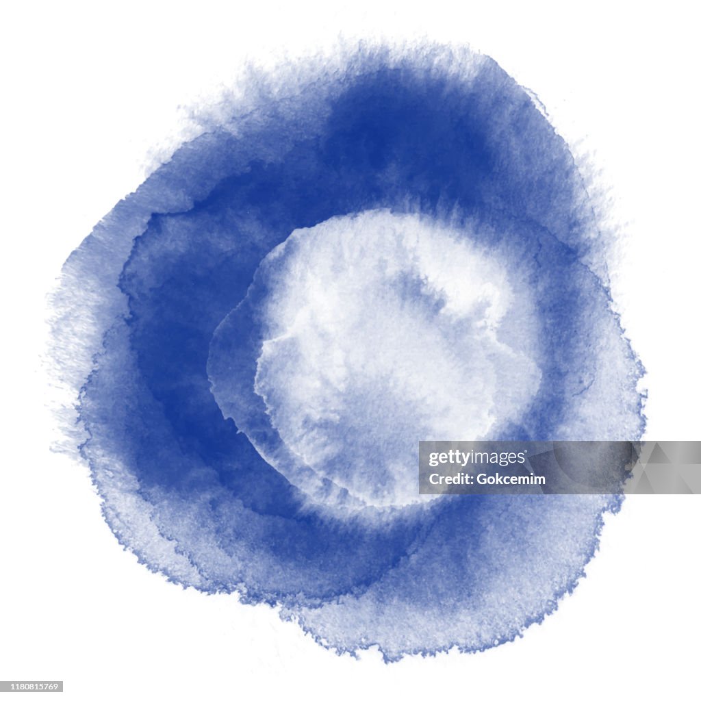 Navy Blue and White Watercolor Circle Splashes Set Isolated on White Background. Border of hues of navy blue paint splashing droplets. Watercolor strokes design element. Navy blue colored hand painted abstract texture.Design Element for Greeting Cards