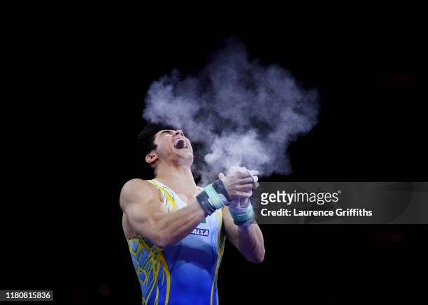 Arthur Mariano of Brazil celebrates after his Horizontal Bar routine during the Apparatus Finals on Day 10 of the FIG Artistic Gymnastics World...