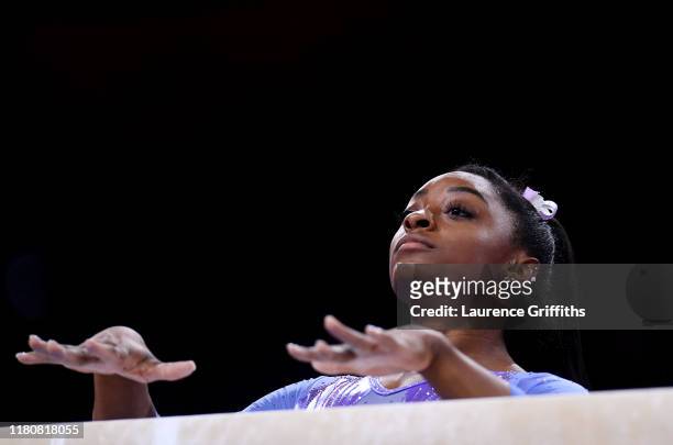 Simone Biles of USA competes on Balance Beam during the Apparatus Finals on Day 10 of the FIG Artistic Gymnastics World Championships at Hanns Martin...