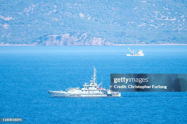 Valiant of the UK Border Force patrols the Aegean Sea between Turkey and Lesbos Island on October 13, 2019 in Skala Sikamineas, Greece. The influx of...