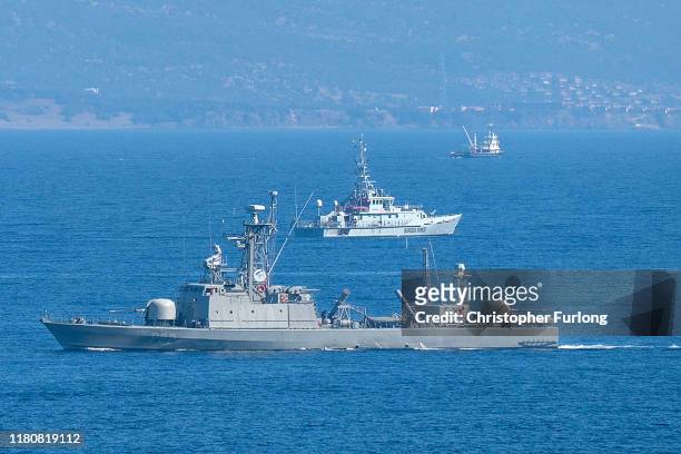 Valiant of the UK Border Force and a Greek navy ship patrol the Aegean Sea between Turkey and Lesbos Island on October 13, 2019 in Skala Sikamineas,...