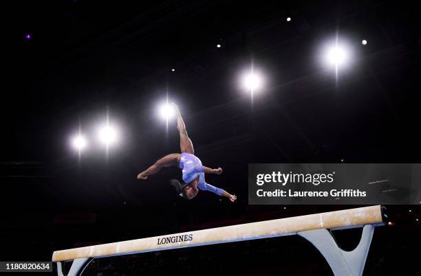 Simone Biles of USA competes on Balance Beam during the Apparatus Finals on Day 10 of the FIG Artistic Gymnastics World Championships at Hanns Martin...