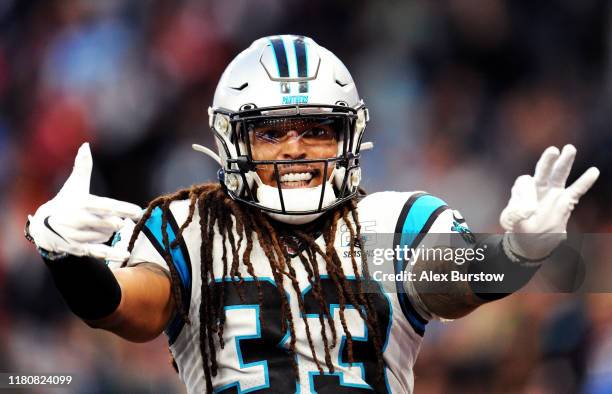 Tre Boston of Carolina Panthers celebrates during the NFL match between the Carolina Panthers and Tampa Bay Buccaneers at Tottenham Hotspur Stadium...