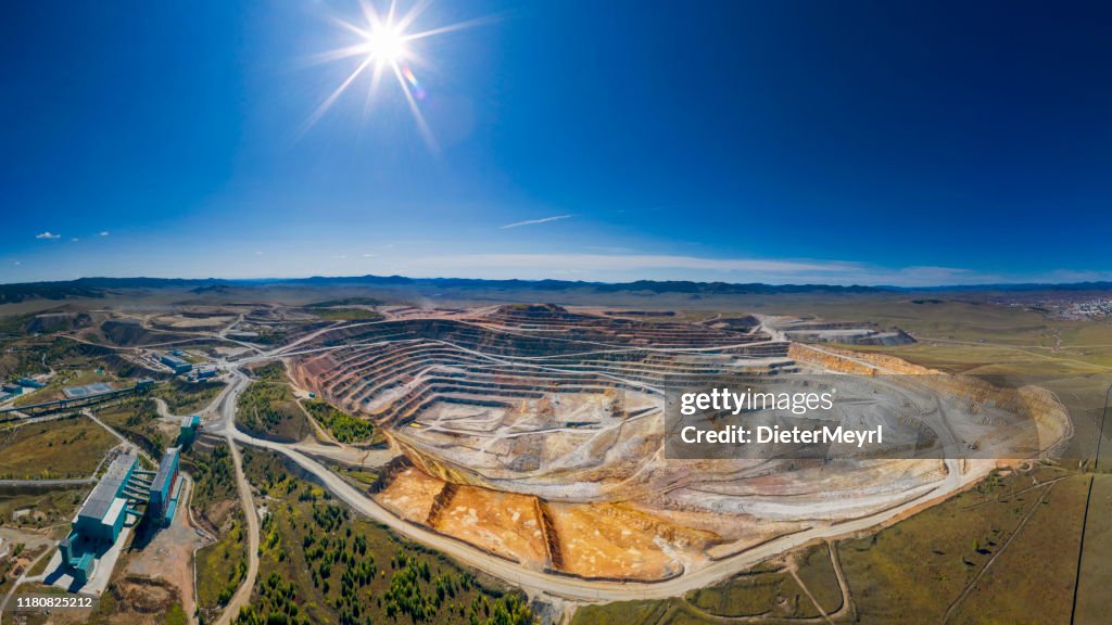 Open cut copper mine in Mongolia, Erdenetiin Ovoo Mine - Aerial view