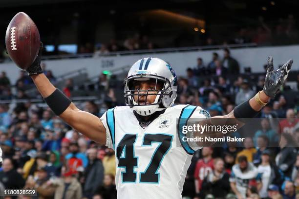 Ross Cockrell of Carolina Panthers celebrates an interception during the NFL game between Carolina Panthers and Tampa Bay Buccaneers at Tottenham...