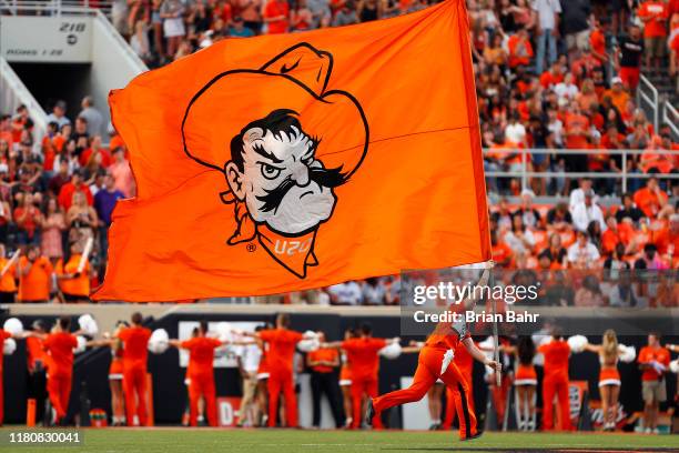 The Oklahoma State Cowboys celebrate a field goal against the Kansas State Wildcats in the second quarter on September 28, 2019 at Boone Pickens...