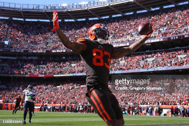 Ricky Seals-Jones of the Cleveland Browns celebrates his second quarter touchdown against the Seattle Seahawks at FirstEnergy Stadium on October 13,...
