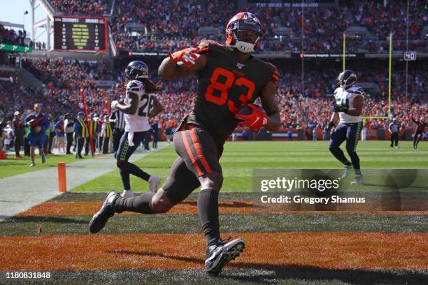 Ricky Seals-Jones of the Cleveland Browns celebrates his second quarter touchdown against the Seattle Seahawks at FirstEnergy Stadium on October 13,...