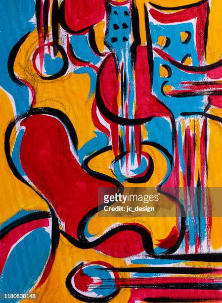colorful abstract painting showing guitars and musical instruments - music poster stock illustrations