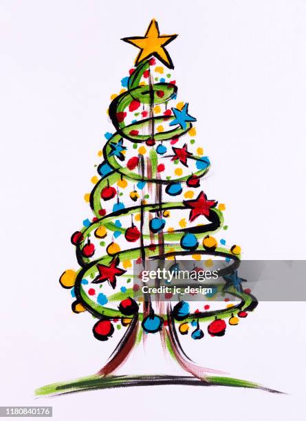 bunte abstrakte weihnachtsbaum mit sternmalerei - red abstract christmas tree stock-grafiken, -clipart, -cartoons und -symbole