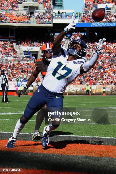 Malik Turner of the Seattle Seahawks can't pull in a third quarter touchdown pass in front of T.J. Carrie of the Cleveland Browns at FirstEnergy...