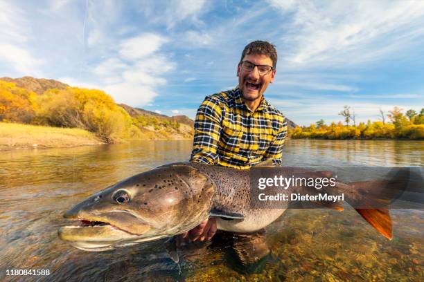 geniet van mijn vrije tijd-visserijactie bij natural river, hucho taimen - stroomversnelling stockfoto's en -beelden