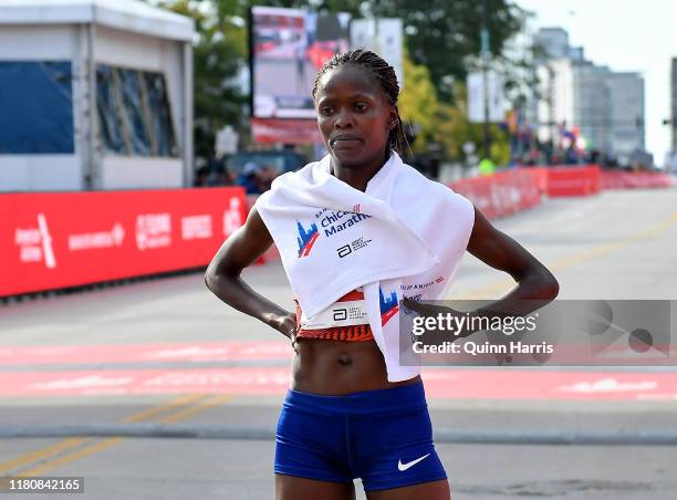 Brigid Kosgei of Kenya reacts after wining the 2019 Bank of America Chicago Marathon on October 13, 2019 in Chicago, Illinois.