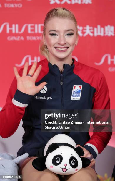 Amber Glenn of the United States preacts after perform the Ladies Short Program at the ISU Grand Prix of Figure Skating Cup of China at Huaxi Sports...