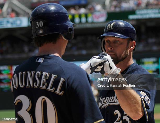 Craig Counsell and Mark Kotsay of the Milwaukee Brewers celebrate a solo home run by Mark Kotsay in the third inning against the Minnesota Twins on...