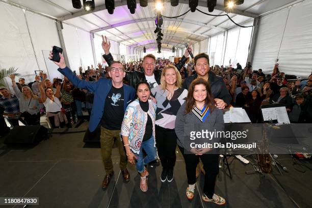 Ted Allen, Maneet Chauhan, Marc Murphy, Amanda Freitag, Scott Conant, and Alex Guarnaschelli pose onstage during Sunday Brunch hosted by Marc Murphy...