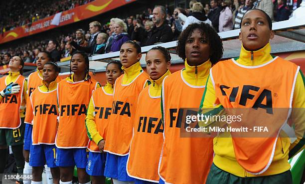 Brazil substitutes line up for the Anthems during the FIFA Women's World Cup 2011 Group D match between Brazil and Norway at Arena Im Allerpark on...
