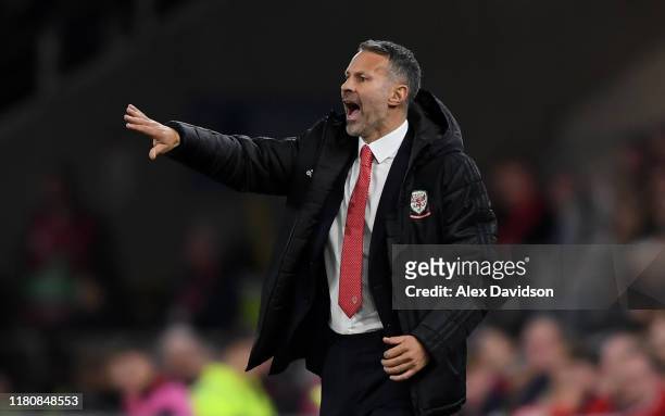 Wales manager Ryan Giggs directs his team during the UEFA Euro 2020 qualifier between Wales and Croatia at Cardiff City Stadium on October 13, 2019...