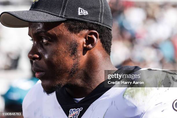 Teddy Bridgewater of the New Orleans Saints looks on after defeating the Jacksonville Jaguars at TIAA Bank Field on October 13, 2019 in Jacksonville,...